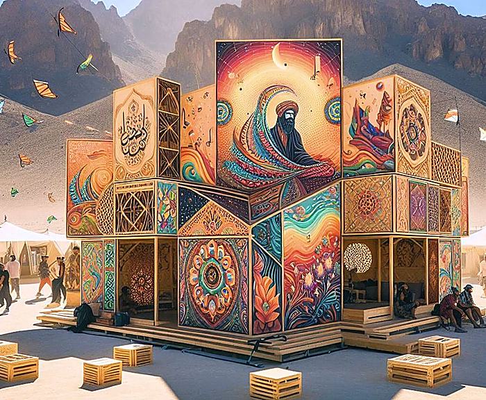 Tanweer marketplace — early direction with painted crate murals