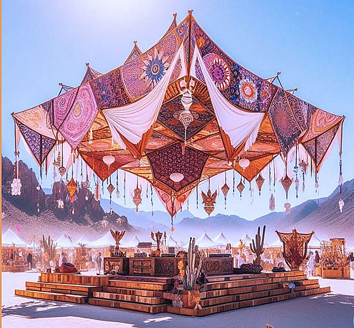 Tanweer marketplace — early direction with patterned textile canopies