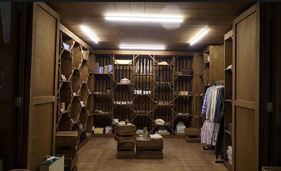 Vendor interior with wooden shelving